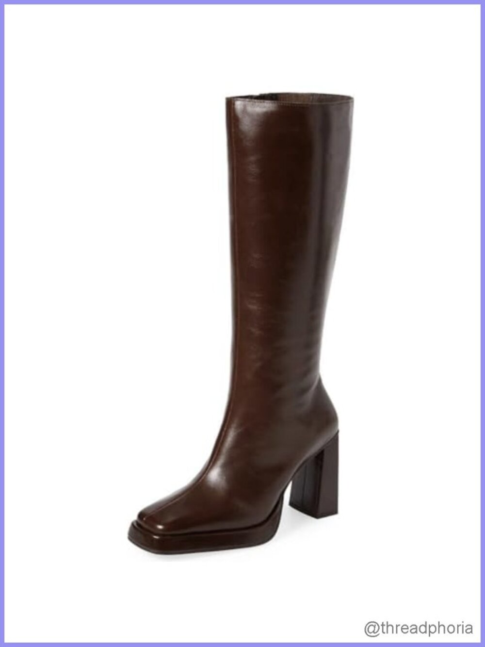 Black Leather Knee High Boots for Women Chunky Block Heeled Square Toe Side